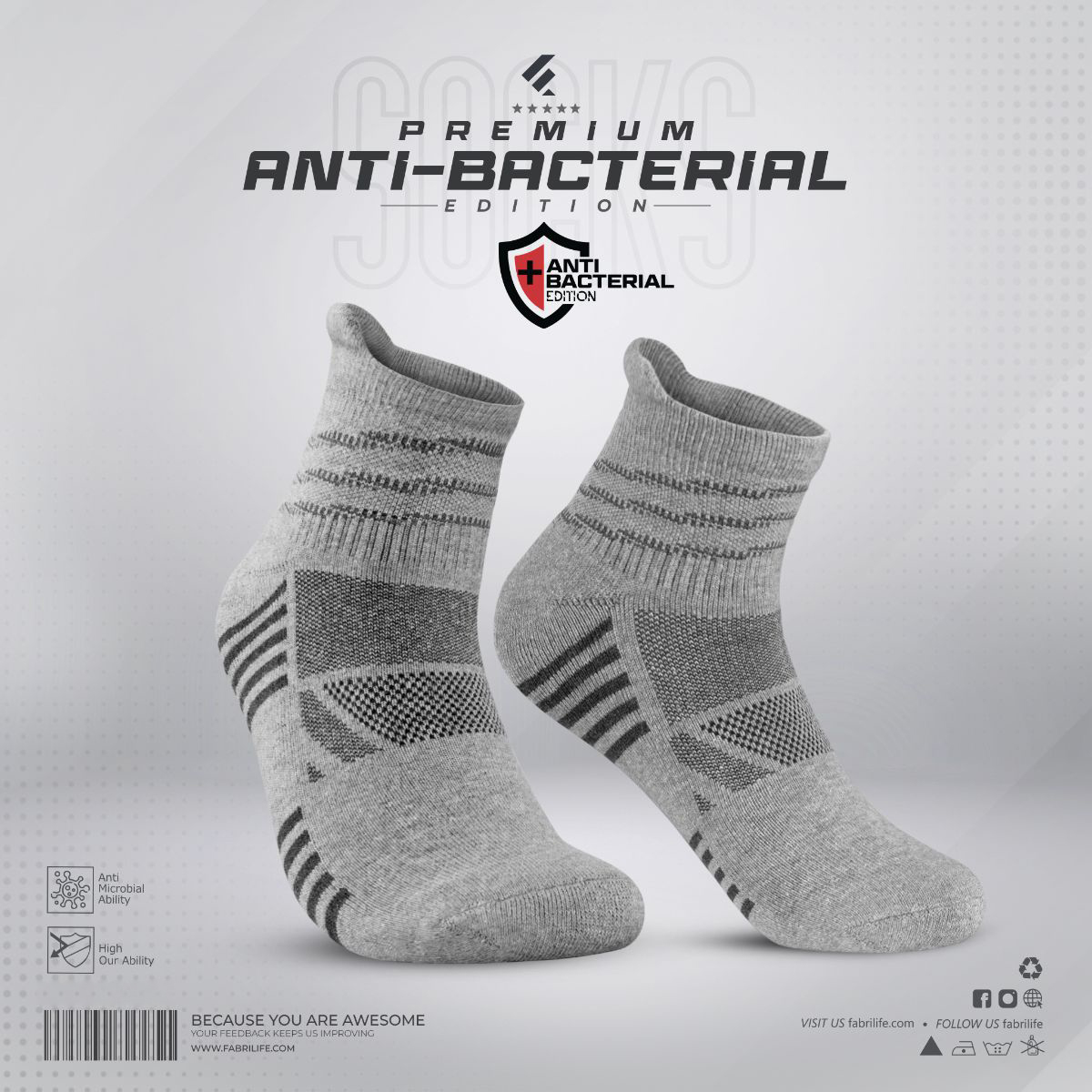 Premium Antibacterial Sports Socks - Playmaker (Grey Melange)